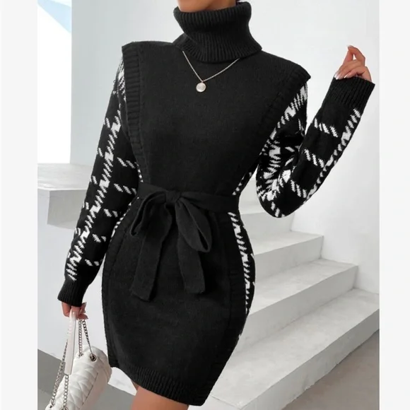 Cozy Houndstooth Pattern Turtle Neck Belted Sweater Dress - Picture 7 of 7